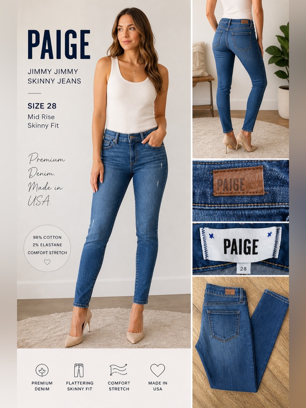 PAIGE Jimmy Jimmy Skinny Jeans Size 28 Medium Wash Distressed Stretch Denim
